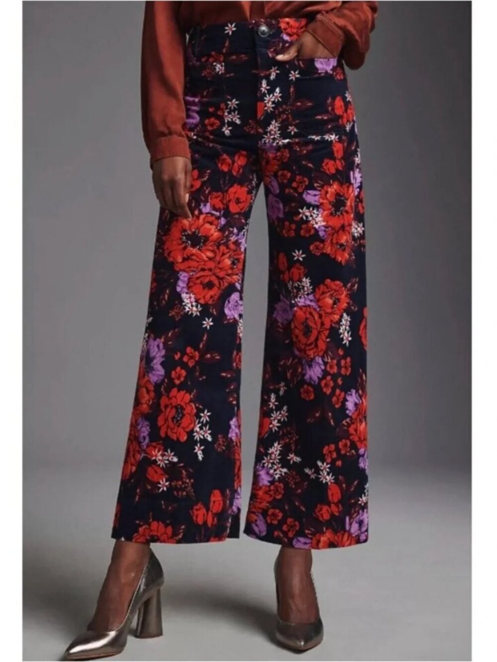 Anthropologie Maeve Colette Velvet Floral Wide Leg Cropped Pant Fall Winter 25